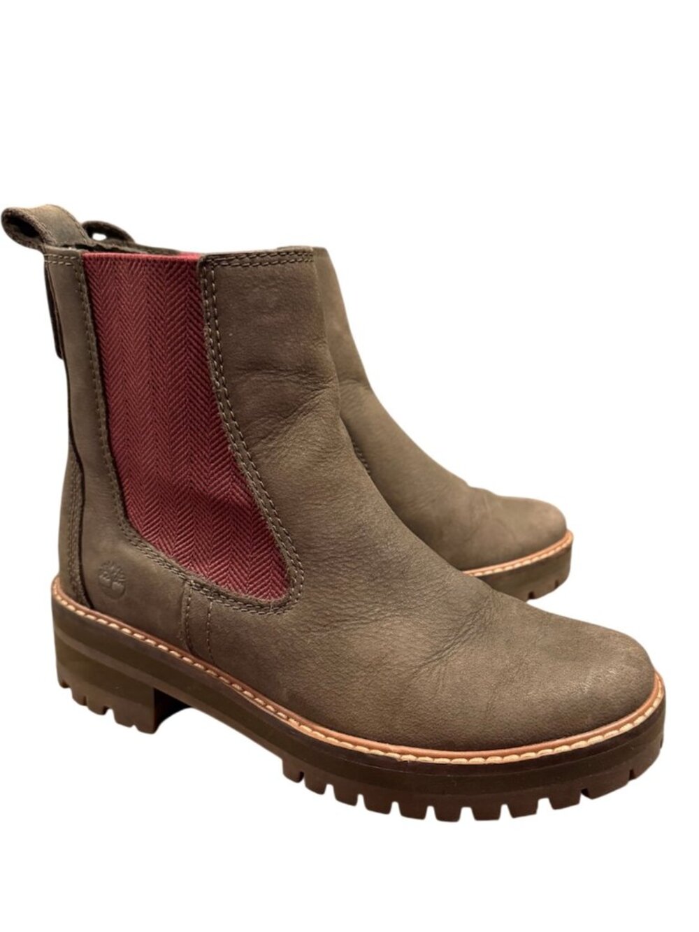 Timberland Courmayeur Valley Chelsea Boots Women's 7 Olive Nubuck Burgundy EUC
